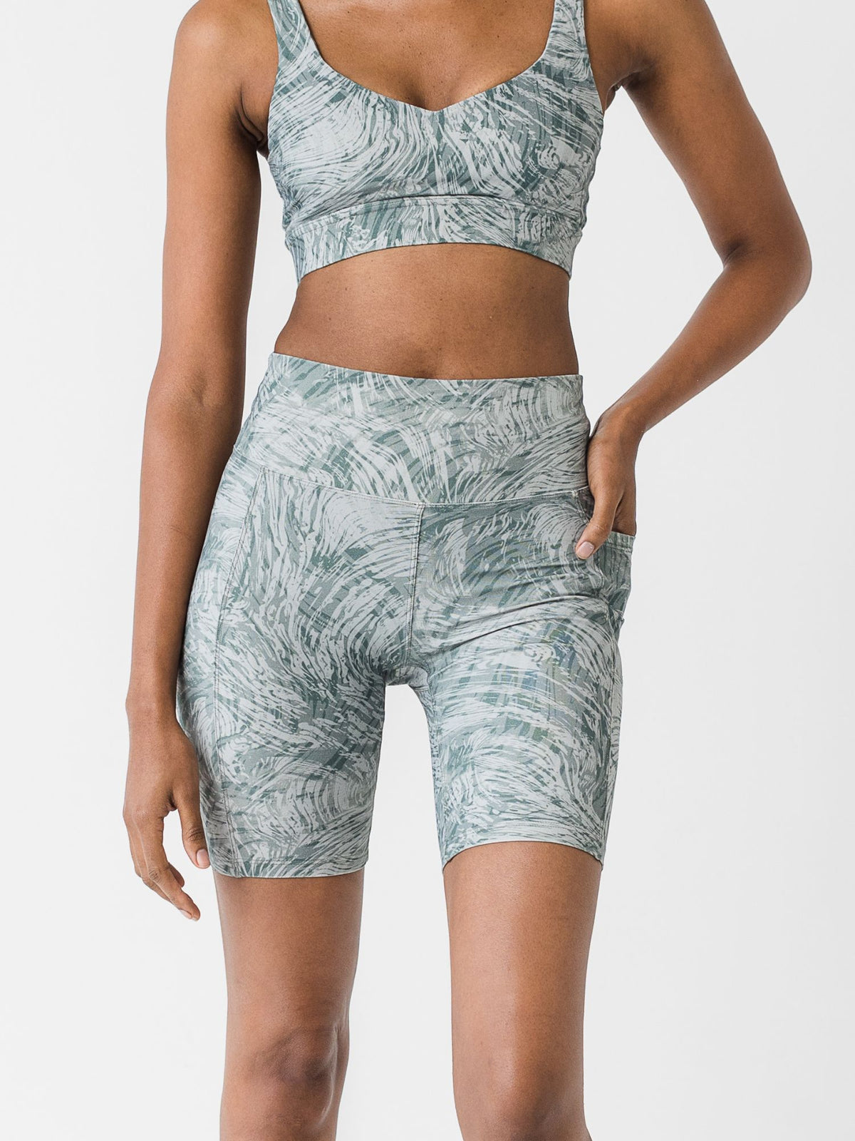green optical printed non-padded cycling shorts with side pocket