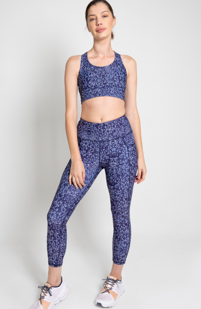 blue geometric printed high waisted leggings with pockets