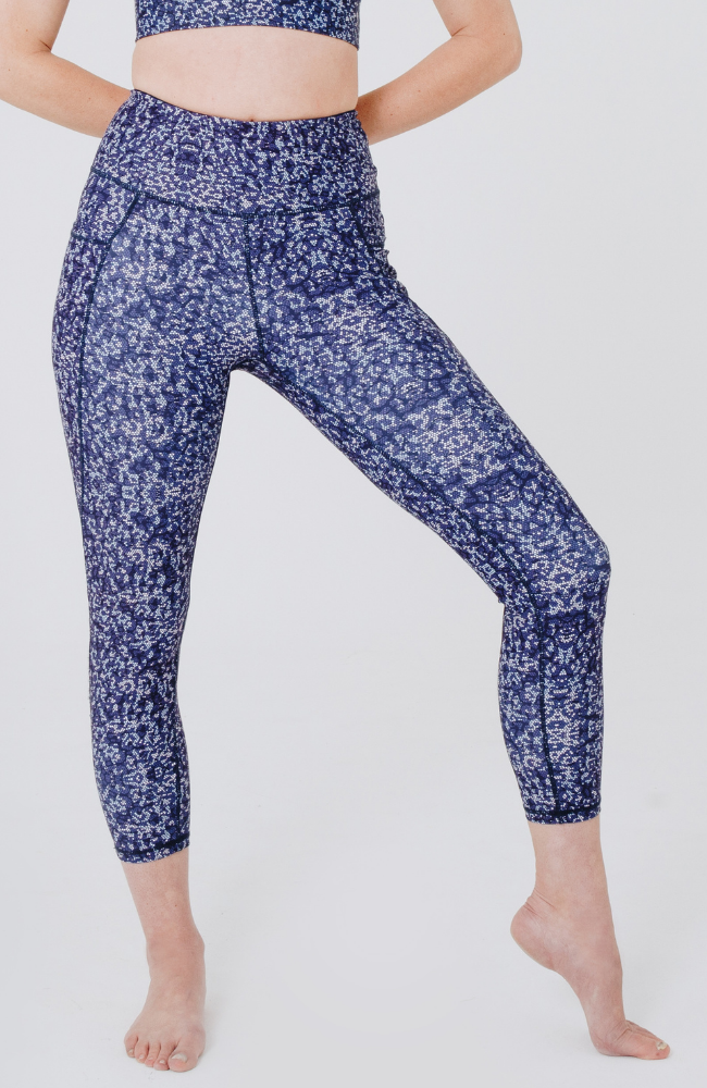 blue geometric printed high waisted leggings with pockets